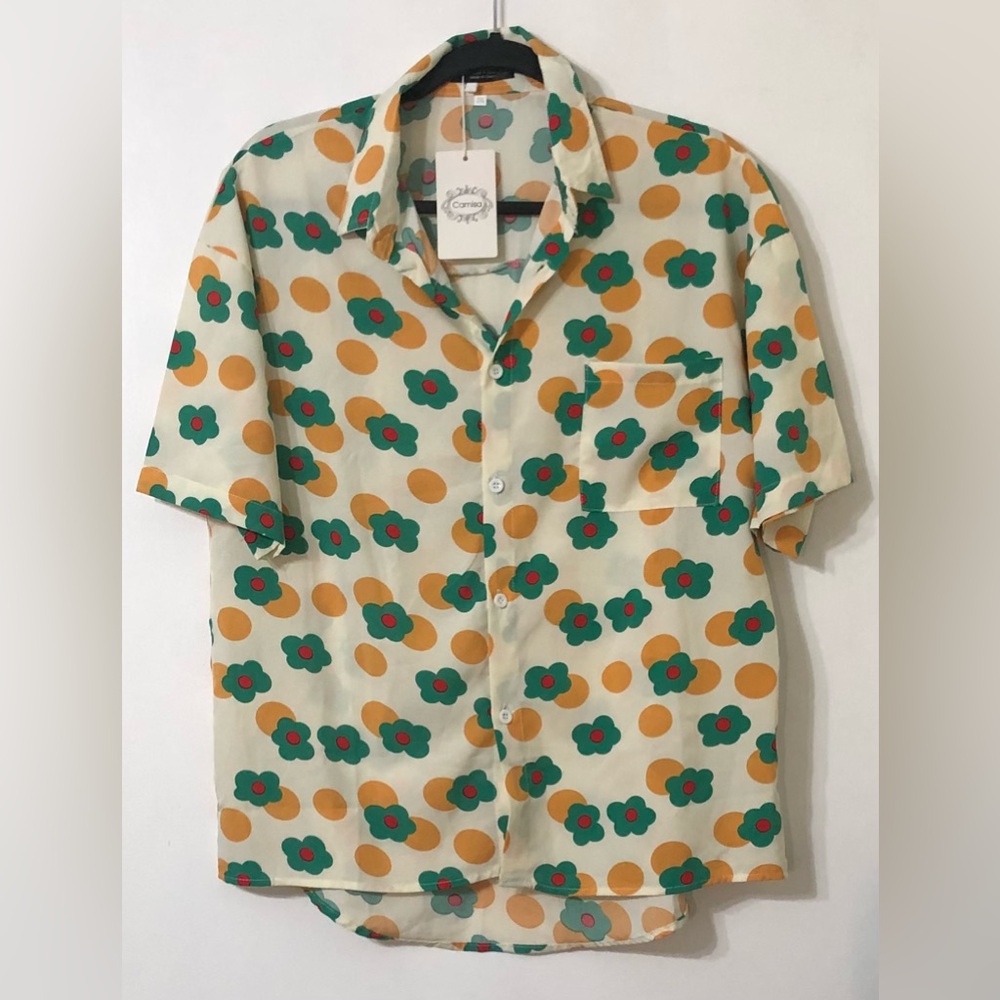 Camisa women’s blouse collar buttons down side pocket beige yellow green 2XL